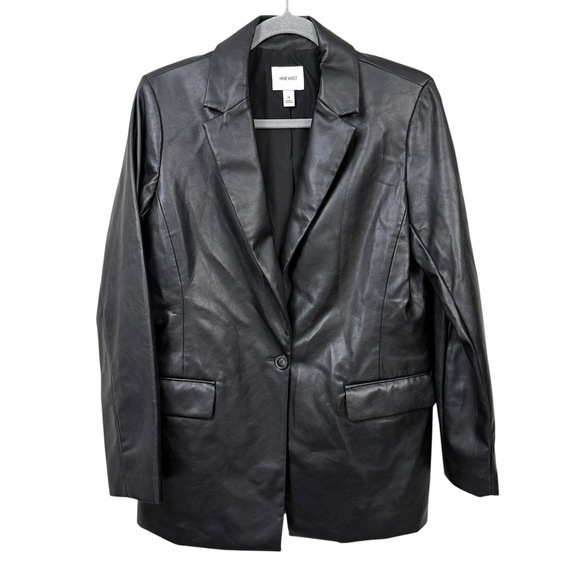 Nine West Jackets & Blazers - Nine West Women's Black Faux Leather Blazer Jacket Size M Mid-Length Button